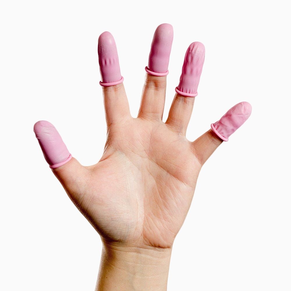 600-0616 INTEGRITY Anti-static latex Finger Cots Pink - in use Antistatic latex finger cots