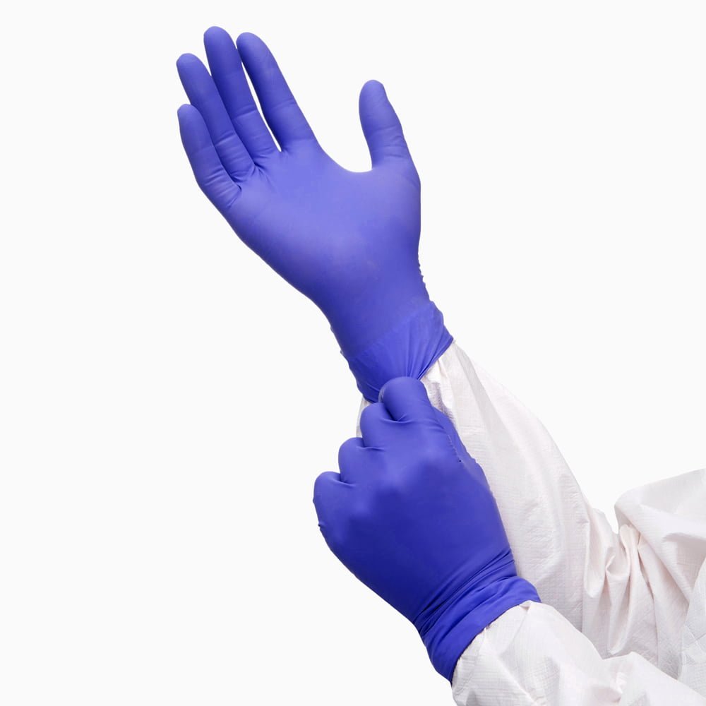 602-0185 INTEGRITY Powder-Free, Blue Nitrile Glove - in use nitrile glove